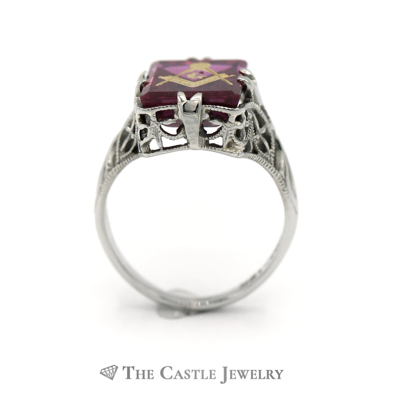 Red Rectangle Masonic Ring in 18kt White Gold