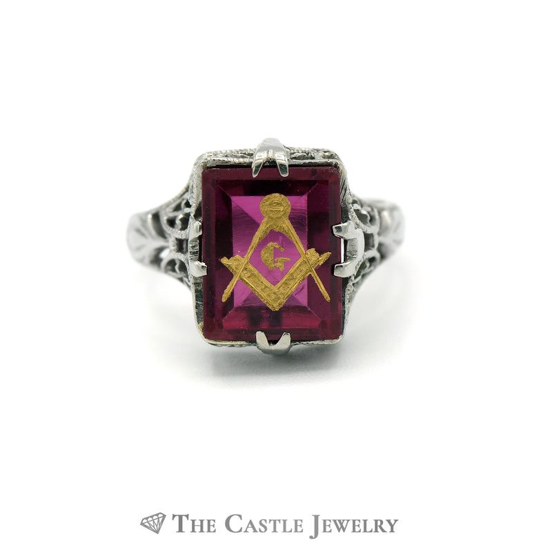 Red Rectangle Masonic Ring in 18kt White Gold