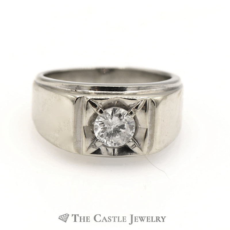 Gent's .75 Carat Solitaire Round Brilliant Cut Diamond Ring In 14KT White Gold