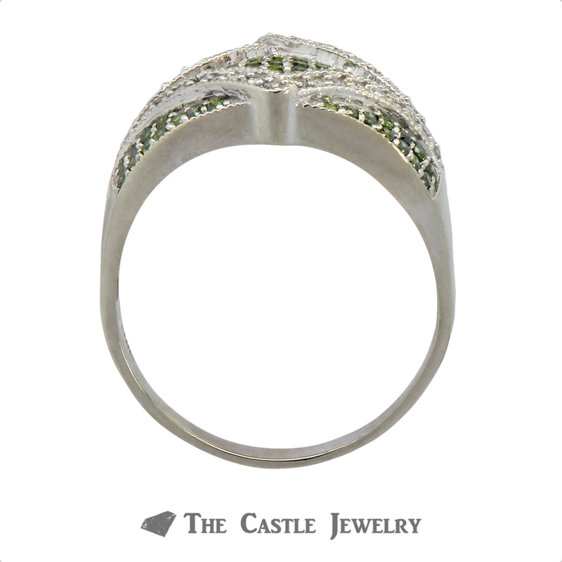 Green & White Diamond Cluster Ring With Fancy Rectangle Shaped Design