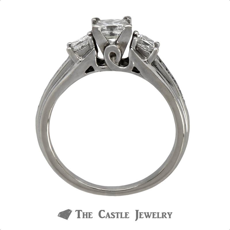 Princess Cut Three Stone Diamond Engagement Ring with Accents in a Cathedral Mounting