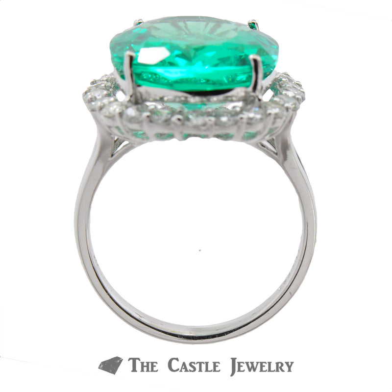 Synthetic Light Green Russian Green Beryl Ring with Diamond Halo