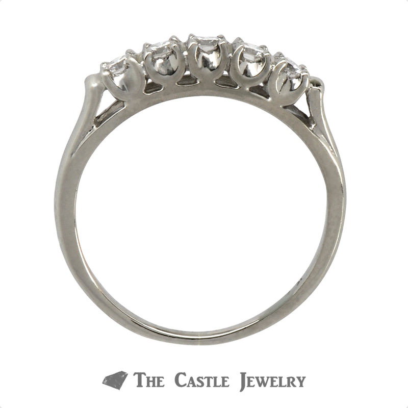 Five Prong Set Round Brilliant Cut Diamond Wedding Band in 14k White Gold