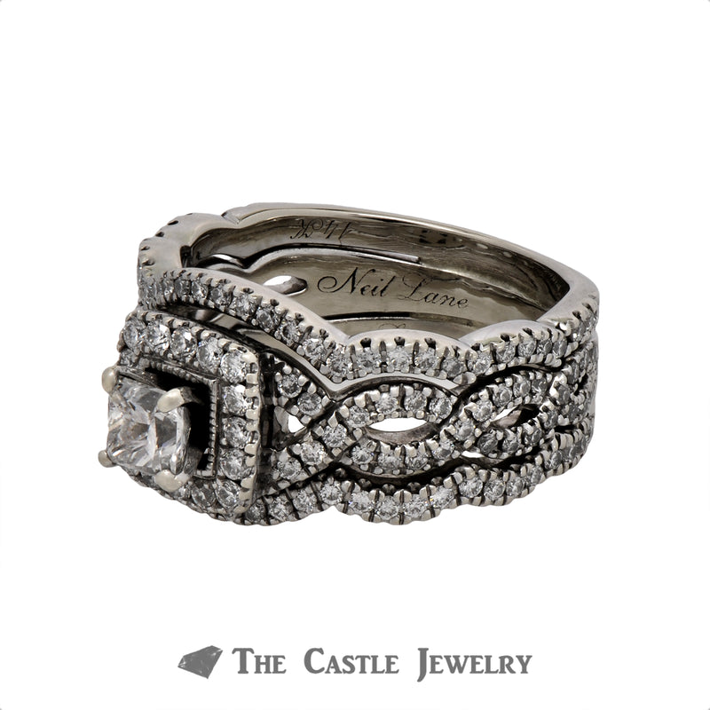 Designer Neil Lane Princess Cut Bridal Set with Diamond Encrusted Twisted Sides