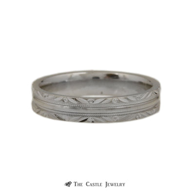 Diamond Cut Design 4mm Wedding Band with Ridged Center Crafted in 14k White Gold