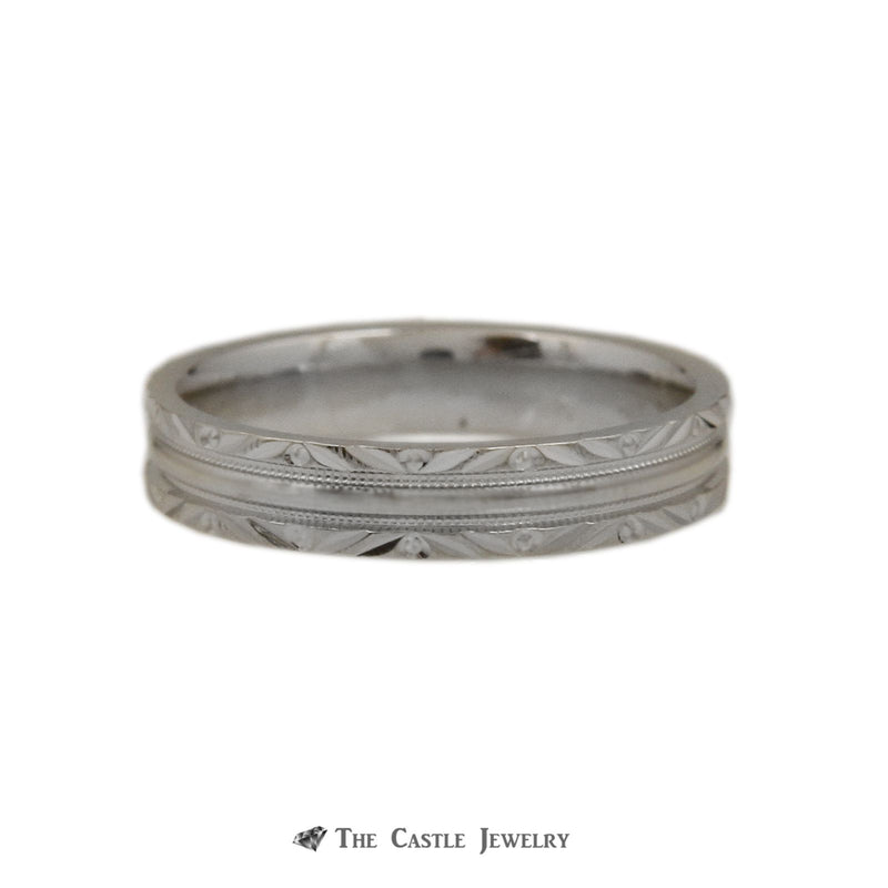 Diamond Cut Design 4mm Wedding Band with Ridged Center Crafted in 14k White Gold