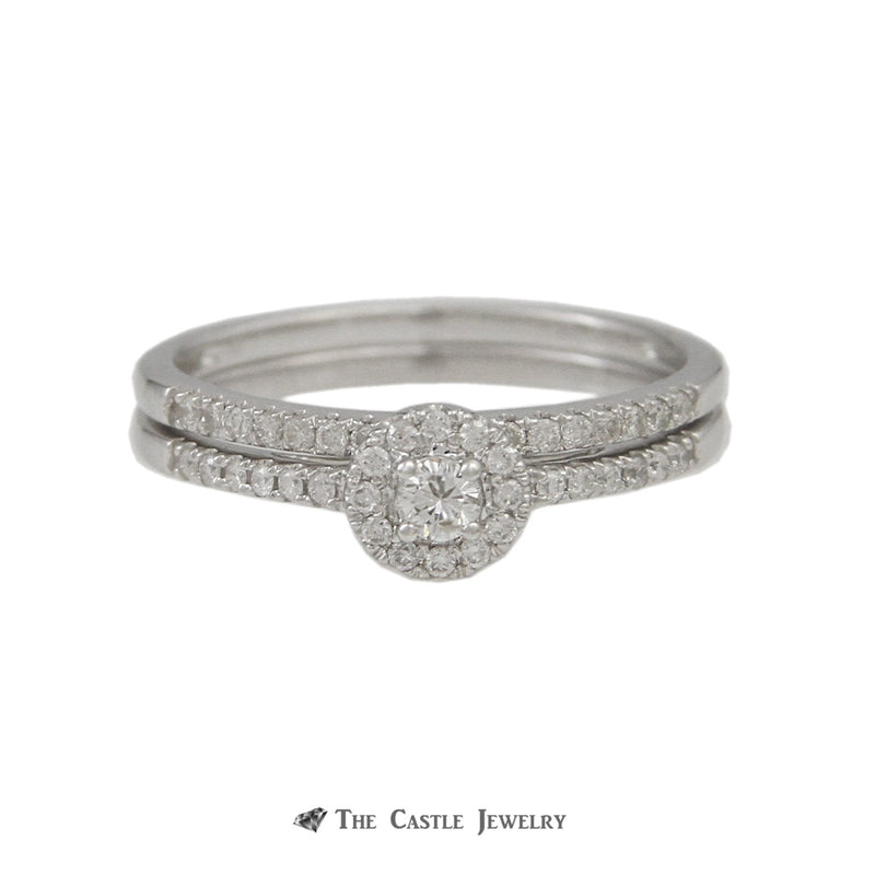 Crown Collection .30cttw Engagement Ring Round Diamond Center Halo & Diamond Wedding Band
