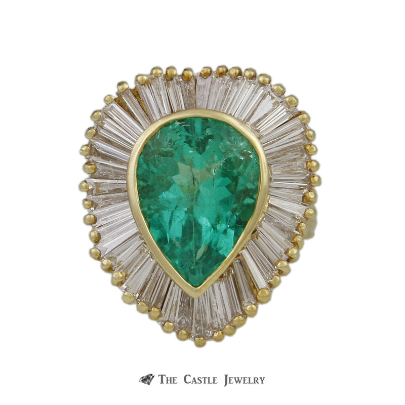 Pear Shaped 6.50ct Emerald Ring with Wavy 5.50cttw Baguette Halo