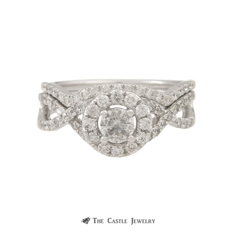 Crown Collection 1cttw Bridal Set Round Diamond Center w/ Diamond Bezel & Cross Over Sides