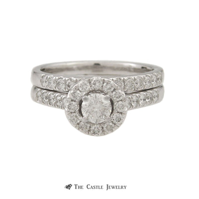 Crown Collection 1cttw Bridal Set w/ Round Center in Diamond Halo & Diamond Sides in 14k