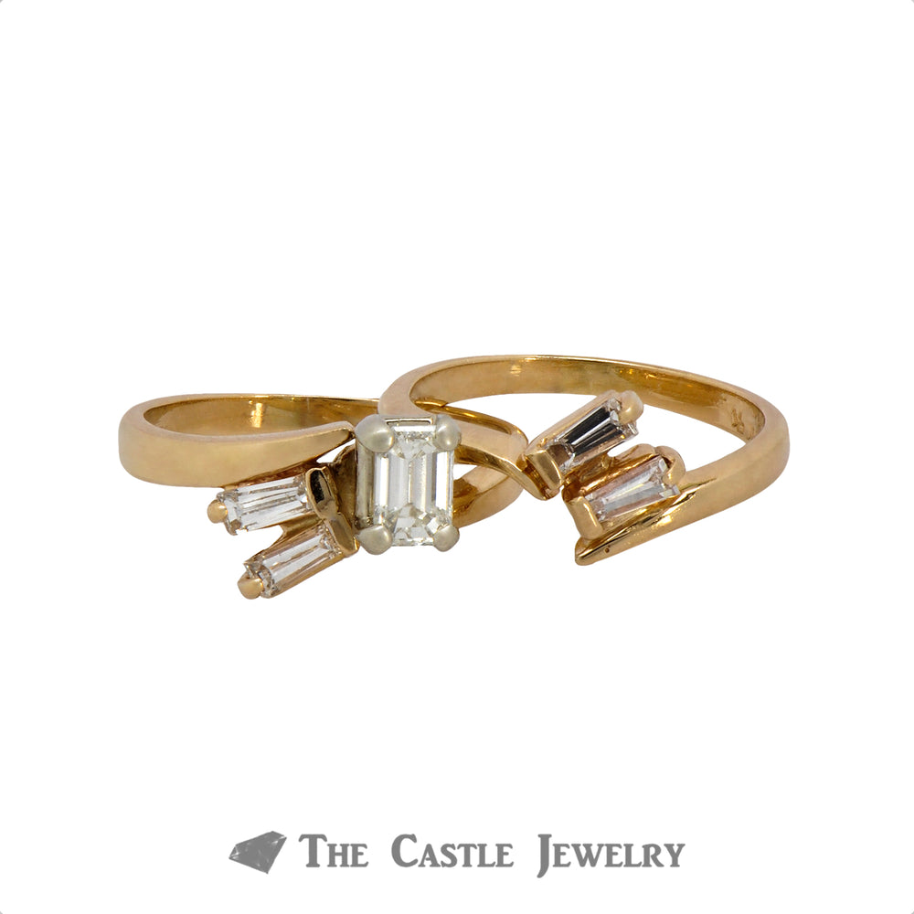Emerald Cut Diamond Bridal Set with Baguette Diamond Accented Matching Band in 14k Yellow Gold