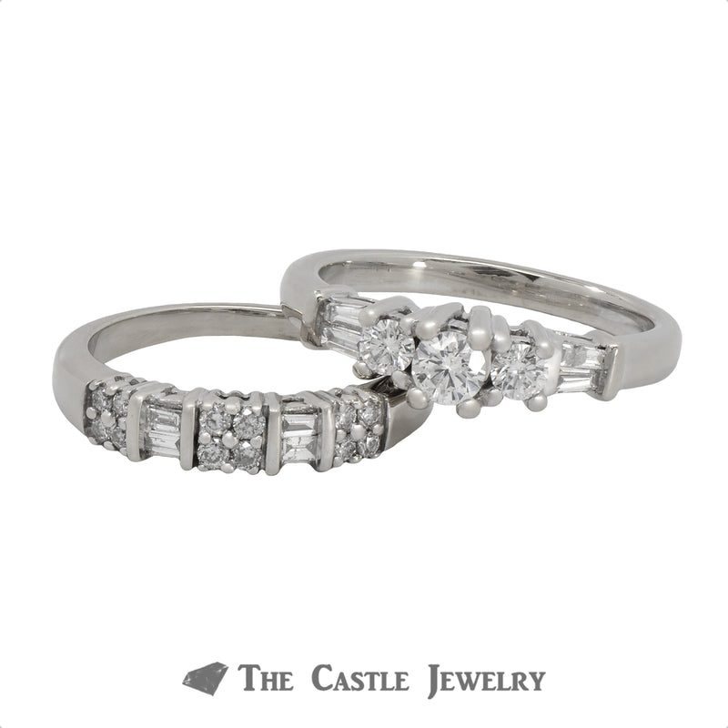1 CTTW Round And Baguette Cut Diamond Bridal Set 14K White Gold