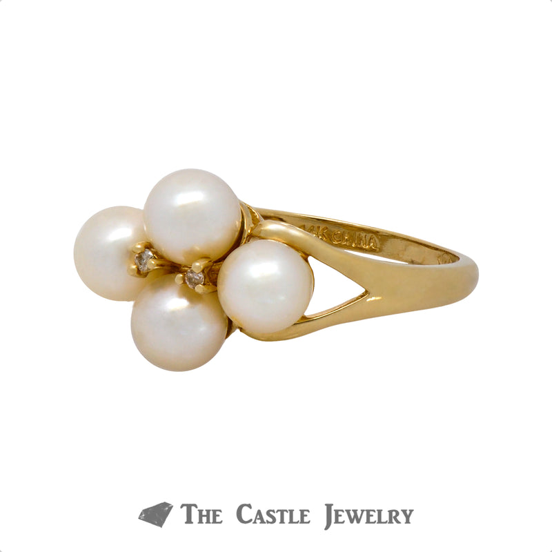 Quadruple 5.5mm Pearl Ring with Diamond Accents Crafted in 14k Yellow Gold