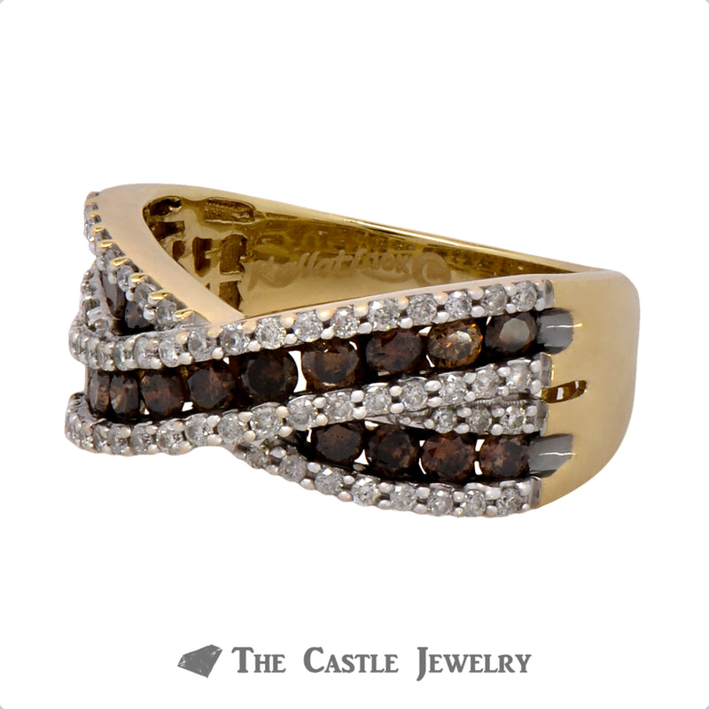 Kallati White & Brown Diamond "X" Style Designer Ring in 10k Yellow Gold