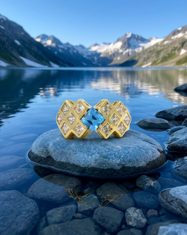 Geometric Square Blue Topaz Cocktail Ring with Cubic Zirconia Cluster Sides in 14k Yellow Gold