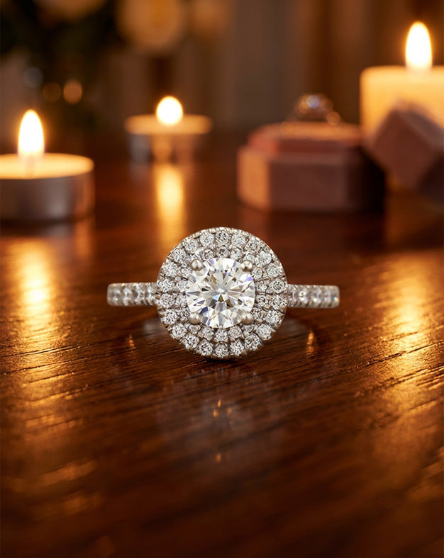 1.05cttw Round Diamond Engagement Ring with Double Diamond Halo and Accented Sides in 14k White Gold — lifestyle photography