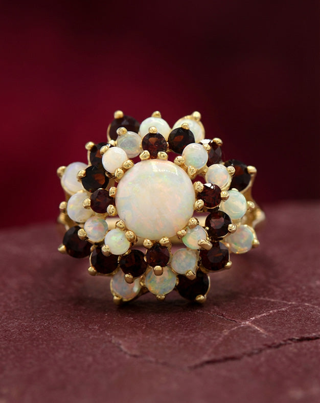 Round Opal and Garnet Swirled Cluster Ring in 14k Yellow Gold