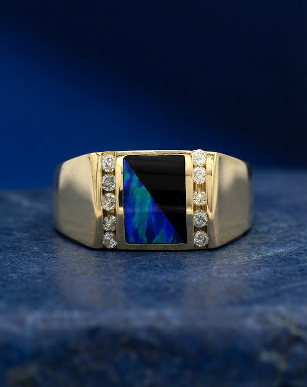Rectangular Split Onyx and Opal Inlay Ring with Channel Set Diamond Accents in 14k Yellow Gold — lifestyle photography