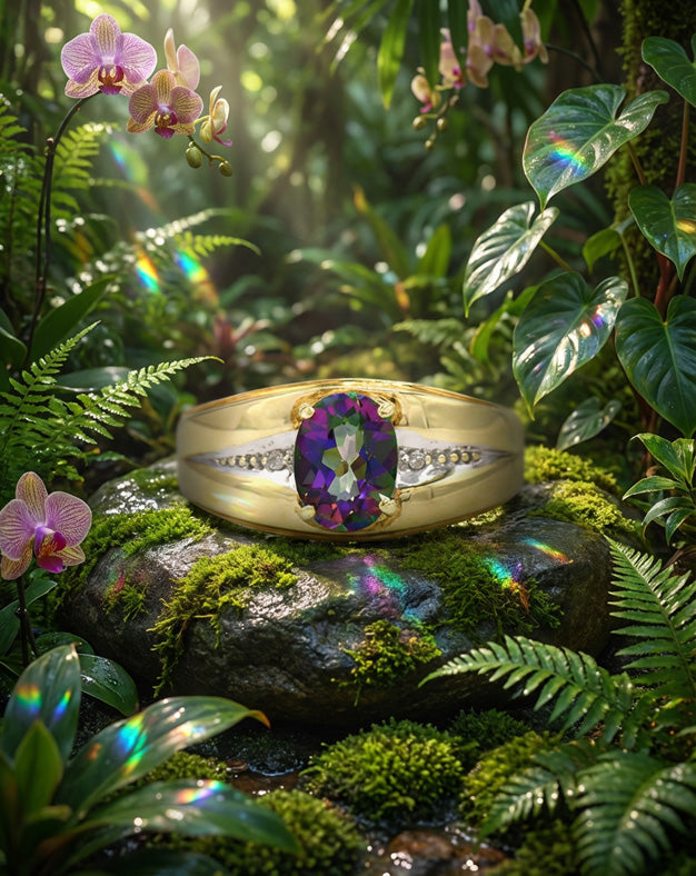 Oval Mystic Topaz Ring with Illusion Set Diamond Accented Sides in 10k Yellow Gold — lifestyle photography