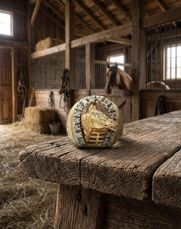 3/4cttw Diamond Encrusted Horseshoe Ring with Horse Head and Textured Sides in 14k Yellow Gold
