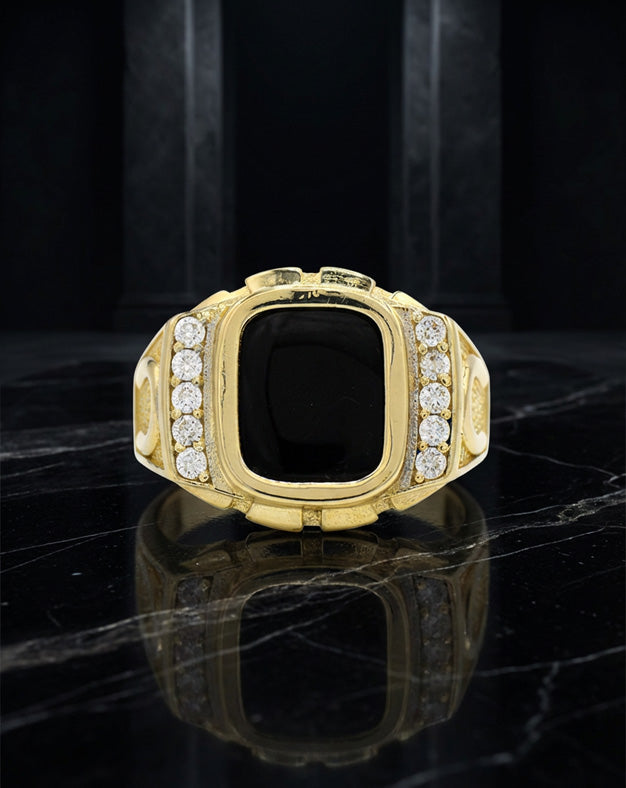 Rectangular Black Onyx Men's Ring with Cubic Zirconia Accents and Horseshoe Sides in 14k Yellow Gold