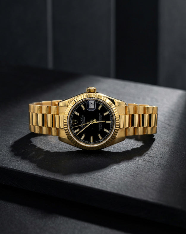 Ladies Rolex Presidential 178278 Luxury Watch with Black Dial in 18k Yellow Gold with Box — lifestyle photography