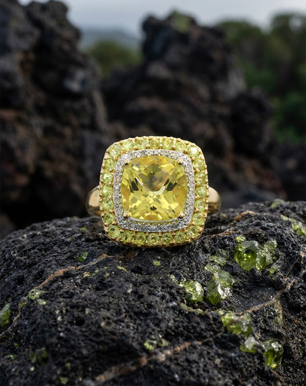 Cushion Cut Peridot Cocktail Ring with Diamond & Peridot Double Halo in 14k Yellow Gold