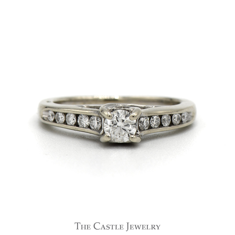 Diamond Engagement Ring With .23CT Round Brilliant Cut Center With Channel-Set Diamond Sides .43CTTW In 14KT White Gold