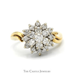 1cttw Snowflake Shaped Round Diamond Cluster Ring in 14k Yellow Gold