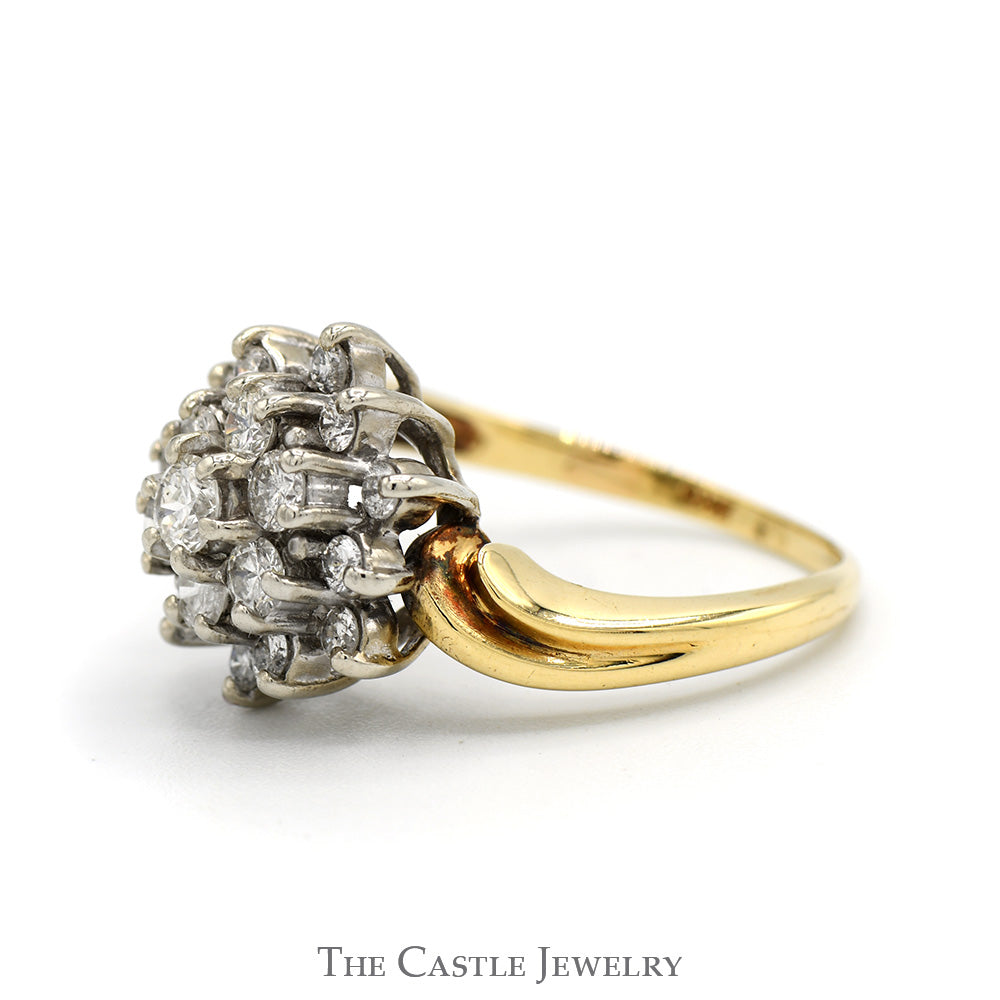1cttw Snowflake Shaped Round Diamond Cluster Ring in 14k Yellow Gold