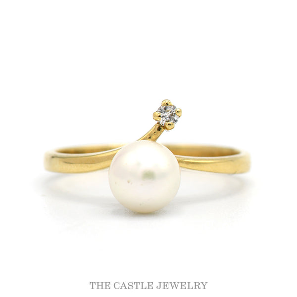 Round Pearl Solitaire Ring with Diamond Accent in 14k Yellow Gold Bypass