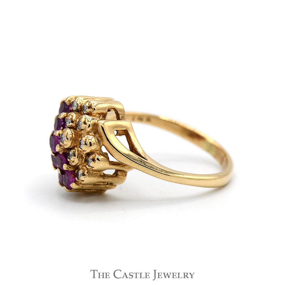 Round Ruby & Illusion Set Diamond Cluster Ring in 14k Yellow Gold