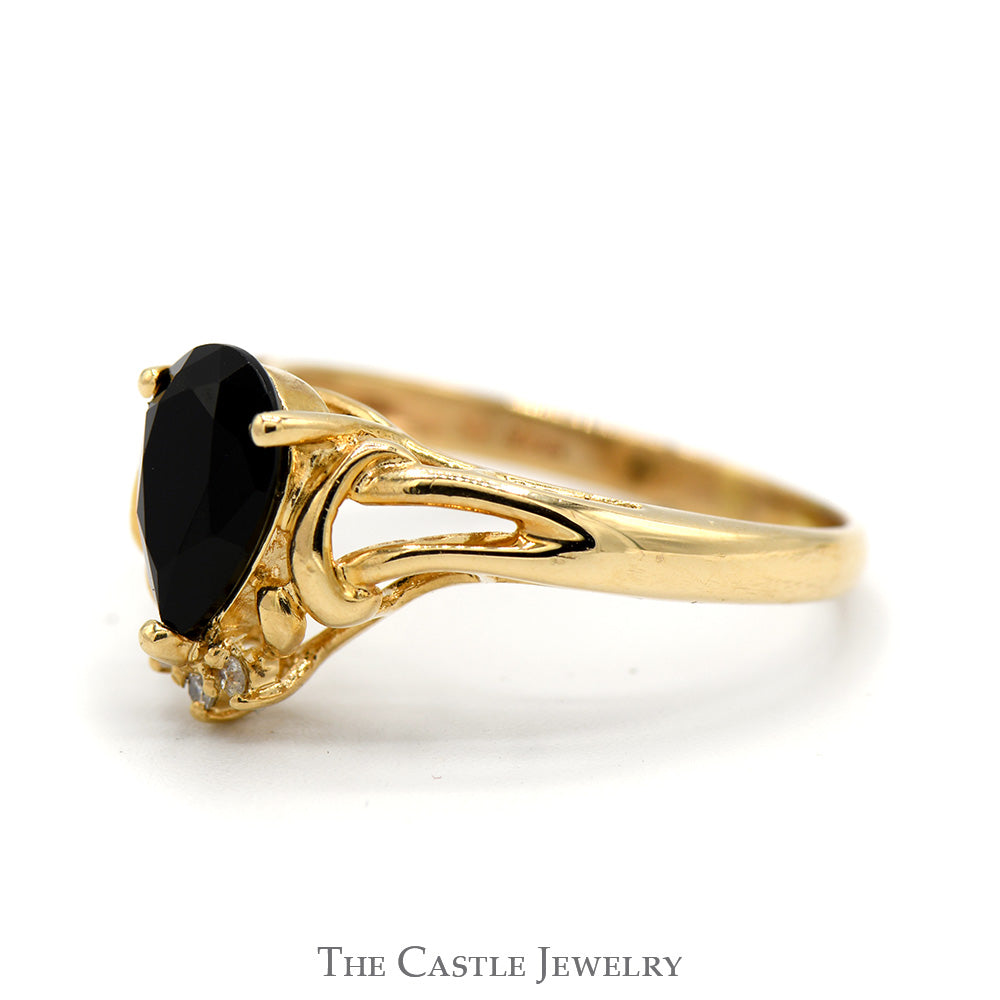 Pear Cut Black Onyx Ring with Diamond Accents in 14k Yellow Gold