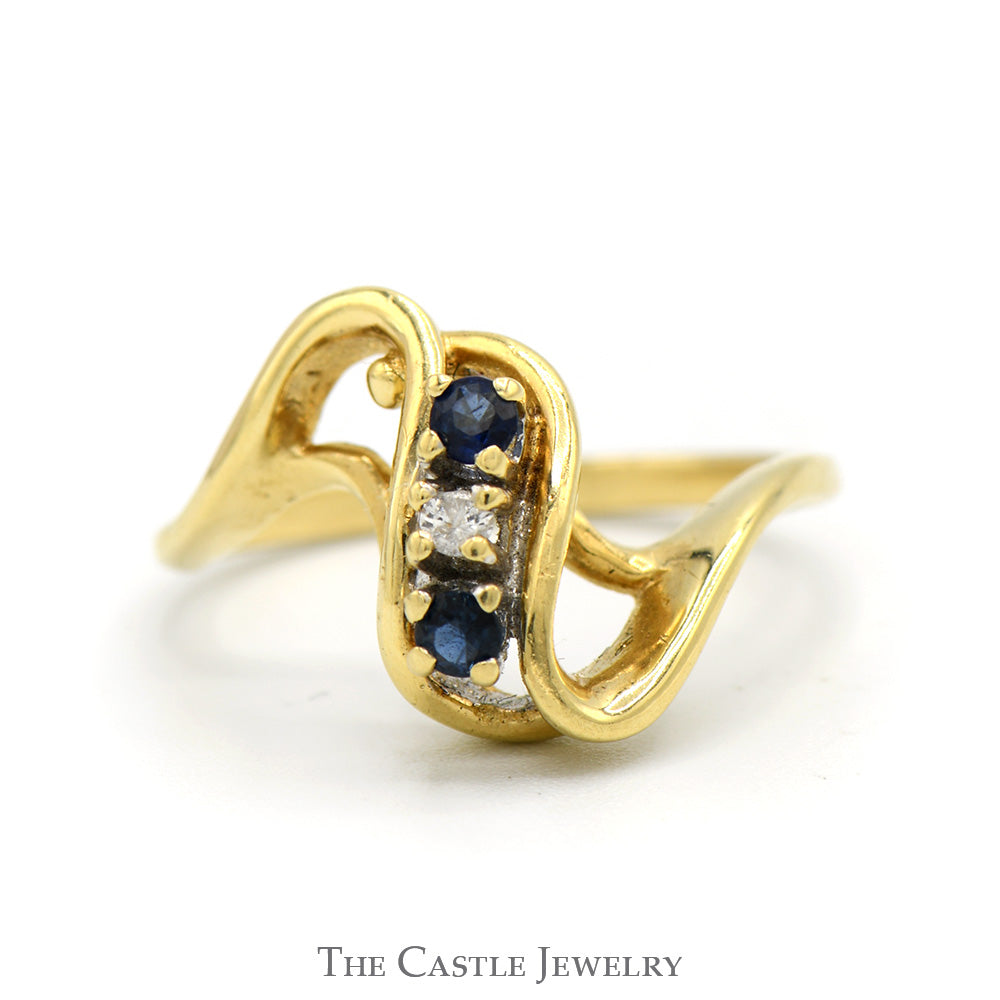 Round Sapphire & Diamond Open Swirl Designed Ring in 14k Yellow Gold
