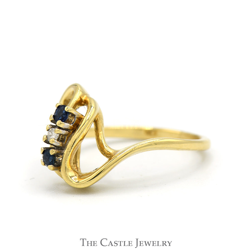 Round Sapphire & Diamond Open Swirl Designed Ring in 14k Yellow Gold