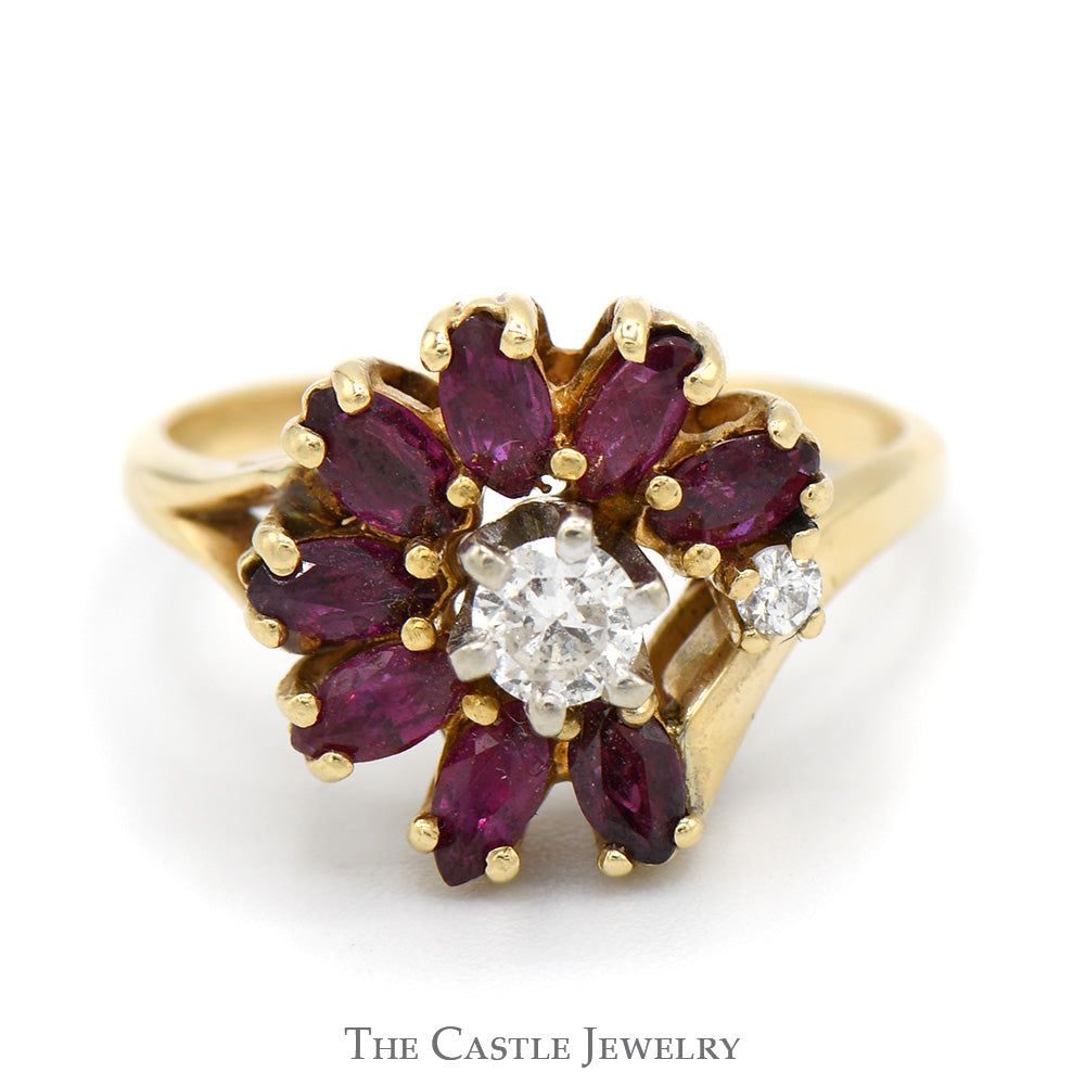 Round Diamond Ring with Marquise Ruby Halo in 14k Yellow Gold