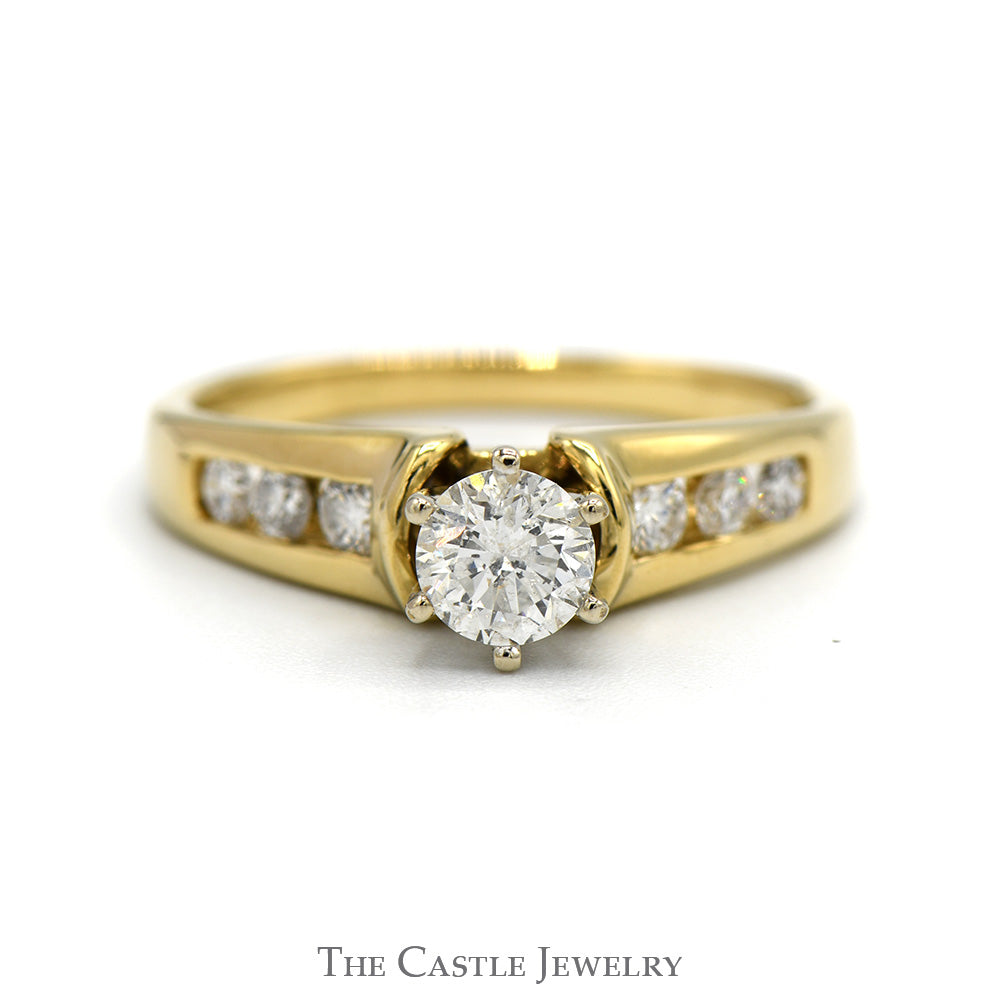 Round Diamond Solitaire Engagement Ring with Channel Set Diamond Accents in 14k Yellow Gold