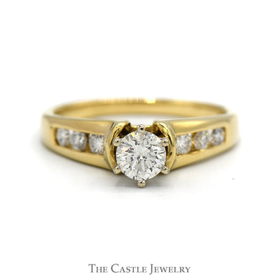 Round Diamond Solitaire Engagement Ring with Channel Set Diamond Accents in 14k Yellow Gold
