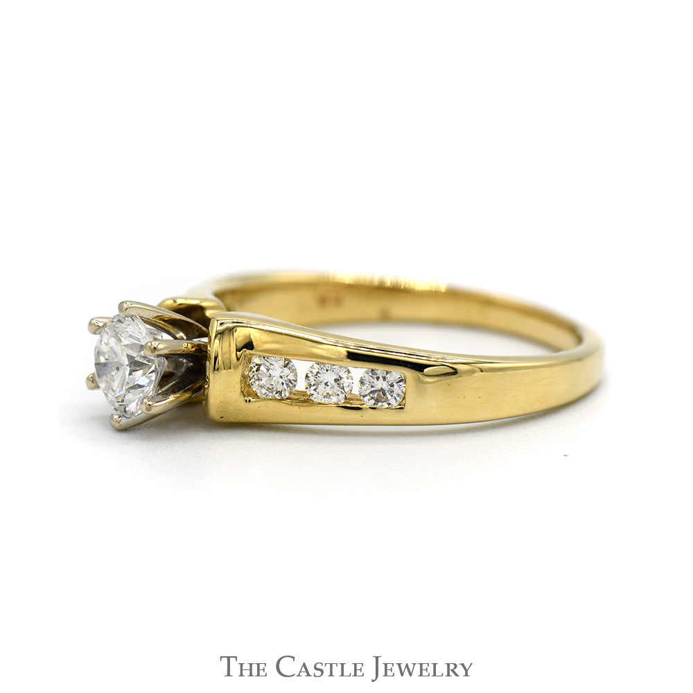 Round Diamond Solitaire Engagement Ring with Channel Set Diamond Accents in 14k Yellow Gold