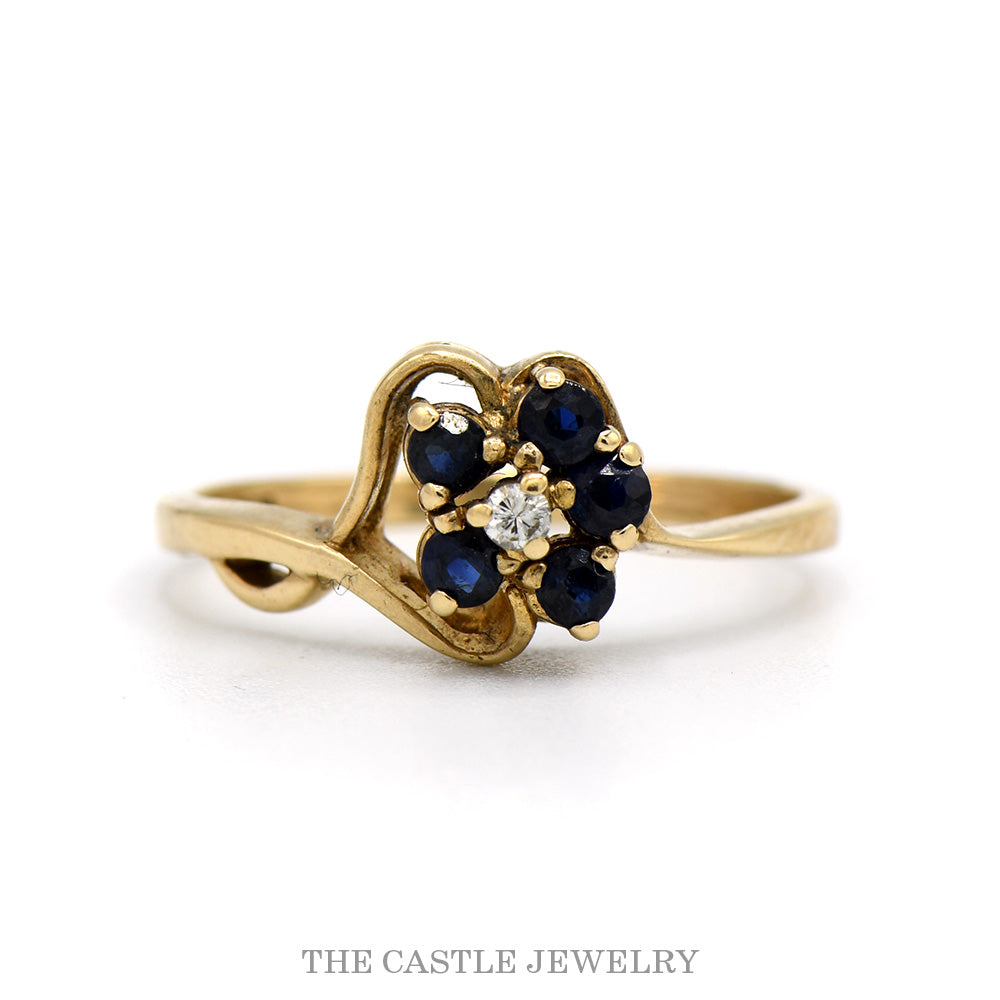Round Sapphire Flower Cluster Ring with Diamond Center Accent in Freeform 10k Yellow Gold Mounting