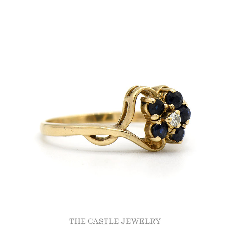 Round Sapphire Flower Cluster Ring with Diamond Center Accent in Freeform 10k Yellow Gold Mounting