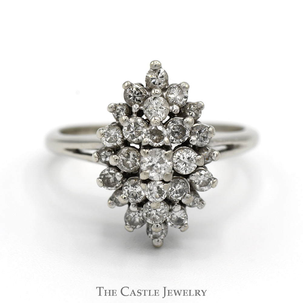 3/4cttw Marquise Shaped Round Diamond Cluster Ring with Split Shank Sides in 14k White Gold