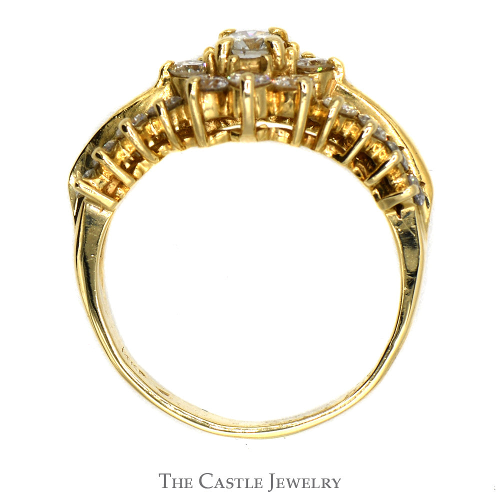 1.25cttw Flower Shaped Diamond Cluster Ring with Diamond Accented Sides in 14k Yellow Gold