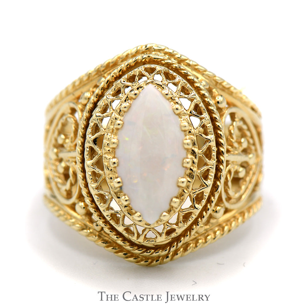 Marquise Opal Solitaire Dome Ring with Filigree Design in 10k Yellow Gold