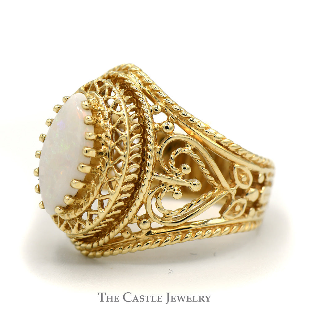 Marquise Opal Solitaire Dome Ring with Filigree Design in 10k Yellow Gold