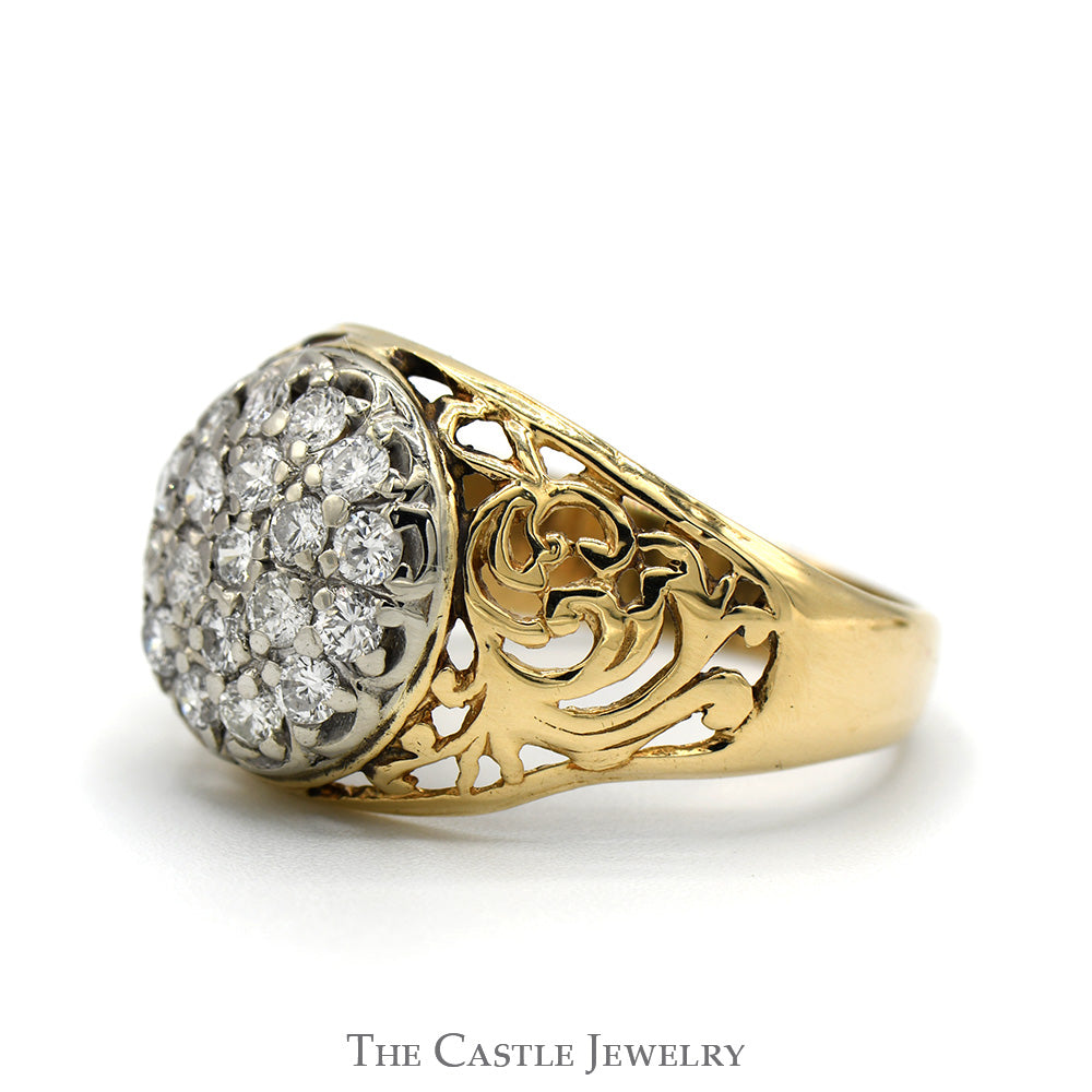 1cttw Kentucky Diamond Cluster Ring with Open Filigree Sides in 10k Yellow Gold