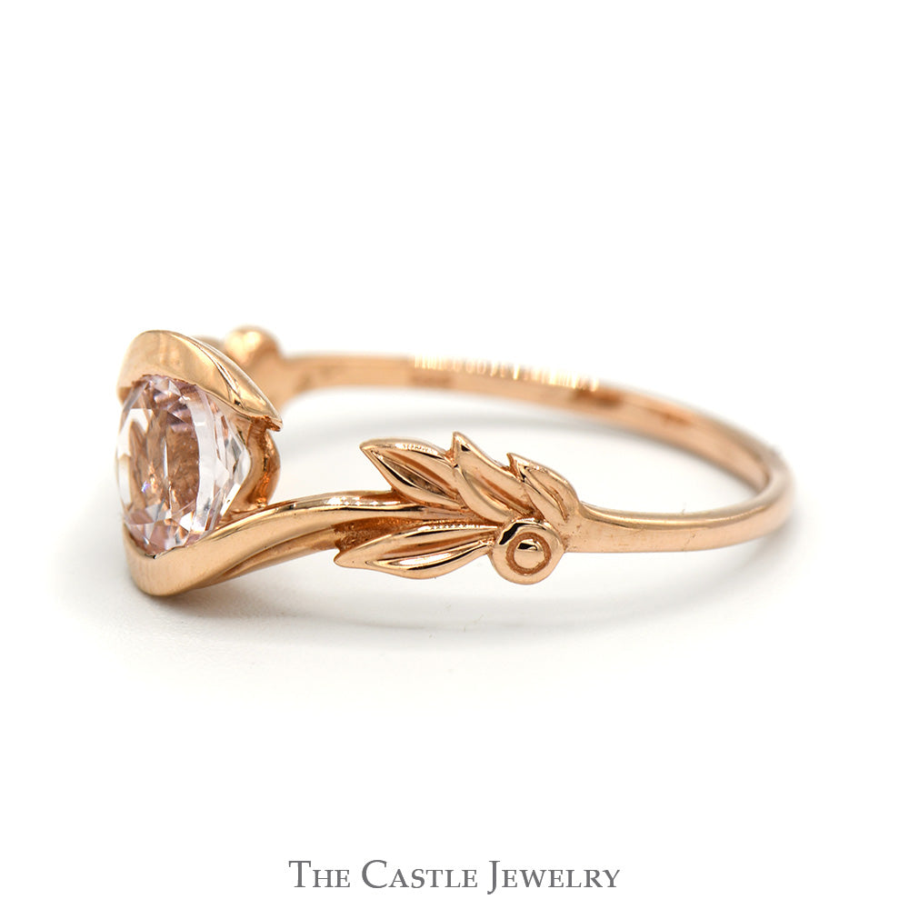 Round Morganite Ring with Bypass Vine and Leaf Designed Sides in 14k Rose Gold