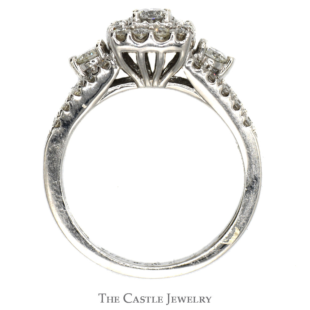 3/4cttw Diamond Engagement Ring with Square Halo, Accents in 14k White Gold Split Shank Setting