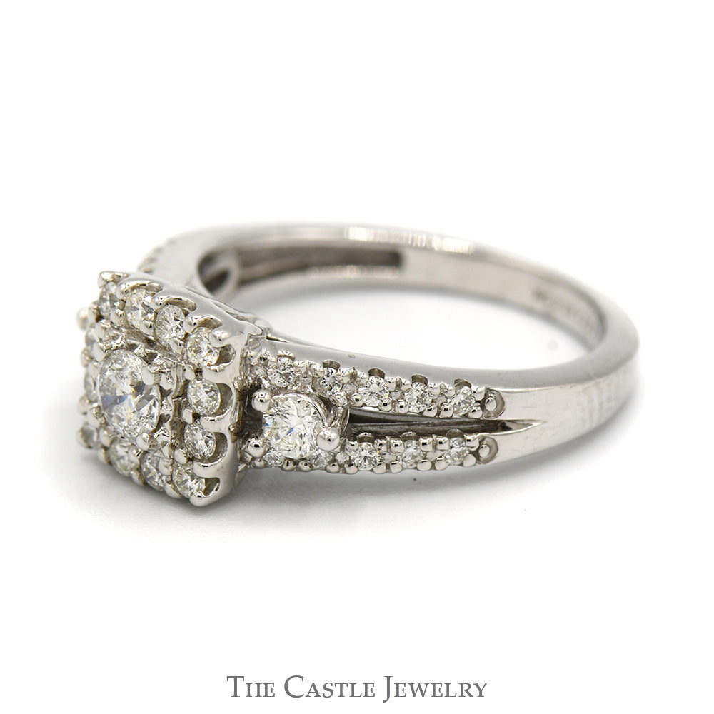3/4cttw Diamond Engagement Ring with Square Halo, Accents in 14k White Gold Split Shank Setting