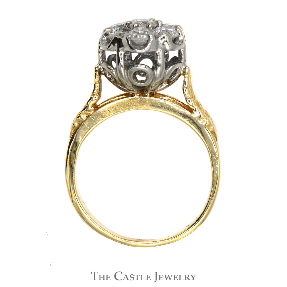 1cttw 7 Round Diamond Cluster Ring with Leaf Designed Sides in 14k Yellow Gold